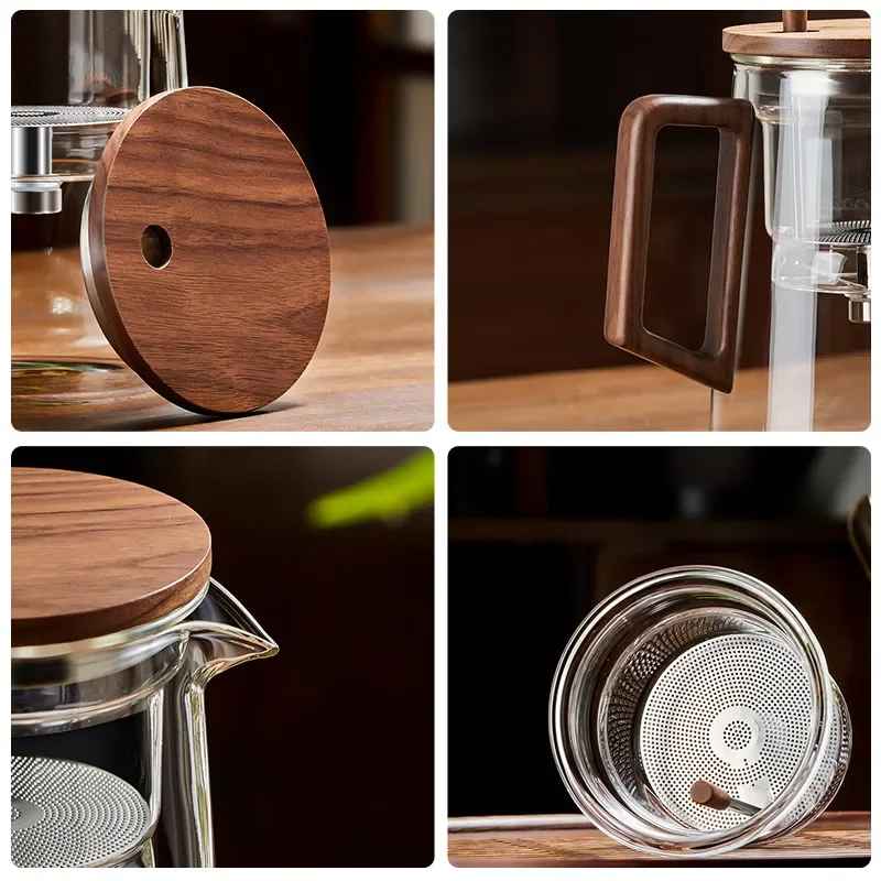 Elegant tea water separation teapot with wooden accents, crafted from heat-resistant borosilicate glass for Comfort Life.