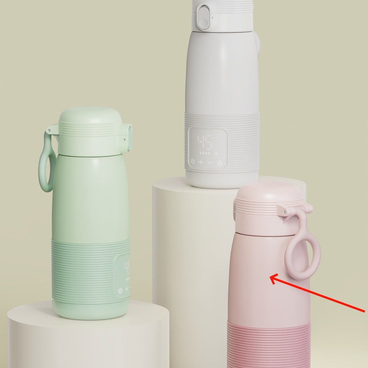 Wireless Portable Modulator Thermal Cup Kettle in various colors displayed on pedestals.