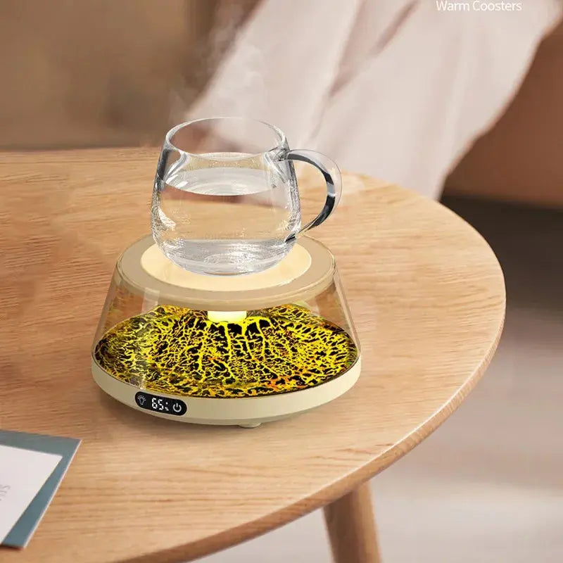 Smart Cup Warmer with volcanic lighting on a wooden table, enhancing comfort and style in daily life.
