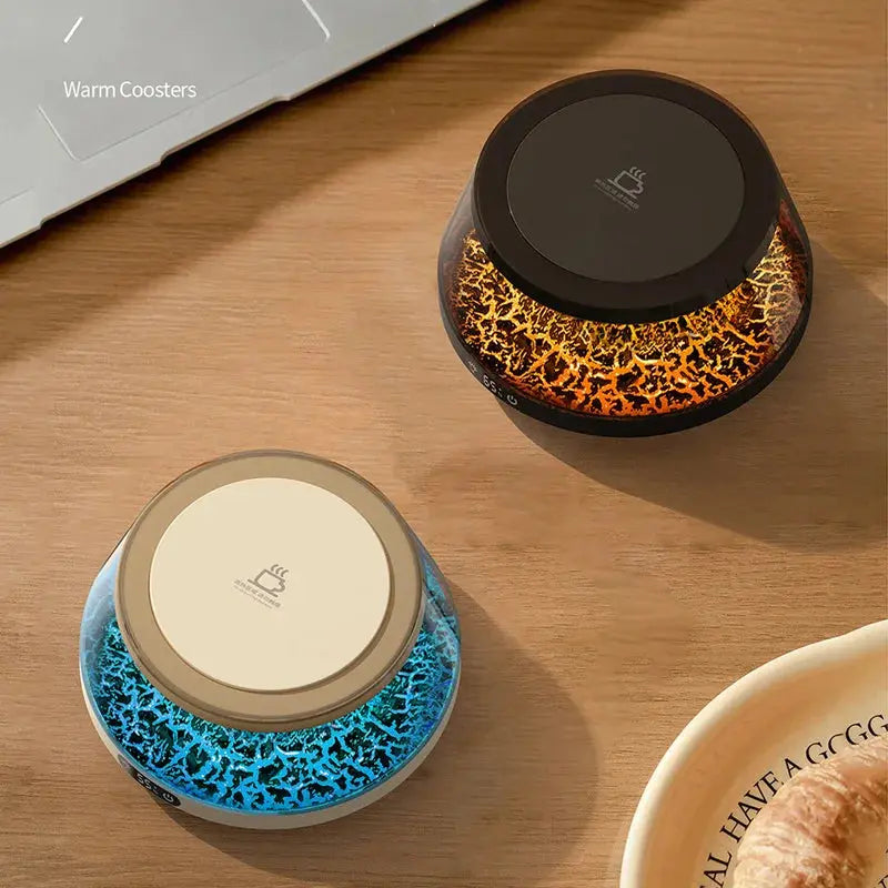 Smart Cup Warmer Volcano with elegant design and volcanic lighting on a wooden table.