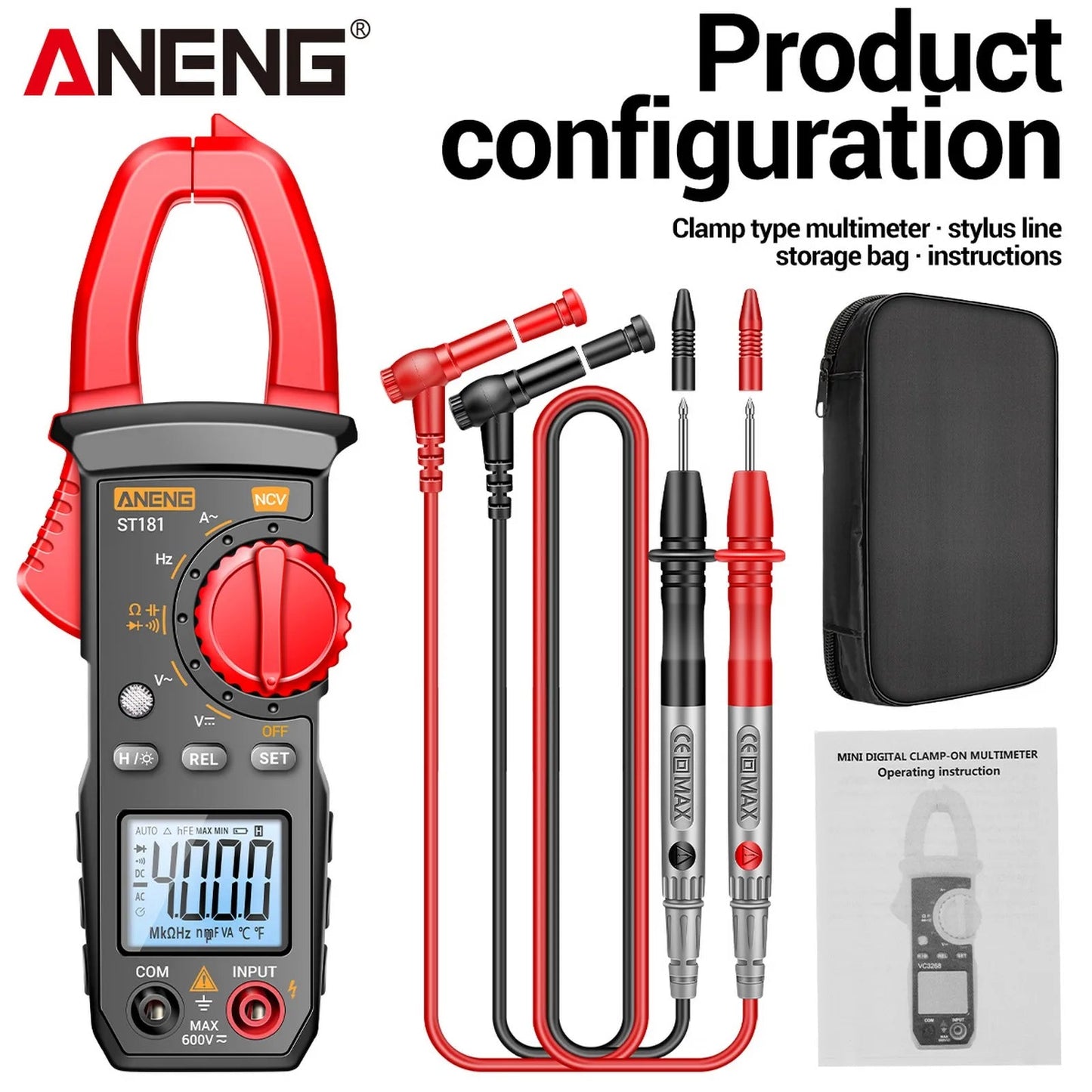 ANENG ST181 Digital Clamp Meter DC/AC Voltage 4000 Counts Multimeter Current Ammeter Tester Car Amp Hz Capacitance NCV Ohm Test Comfort Life