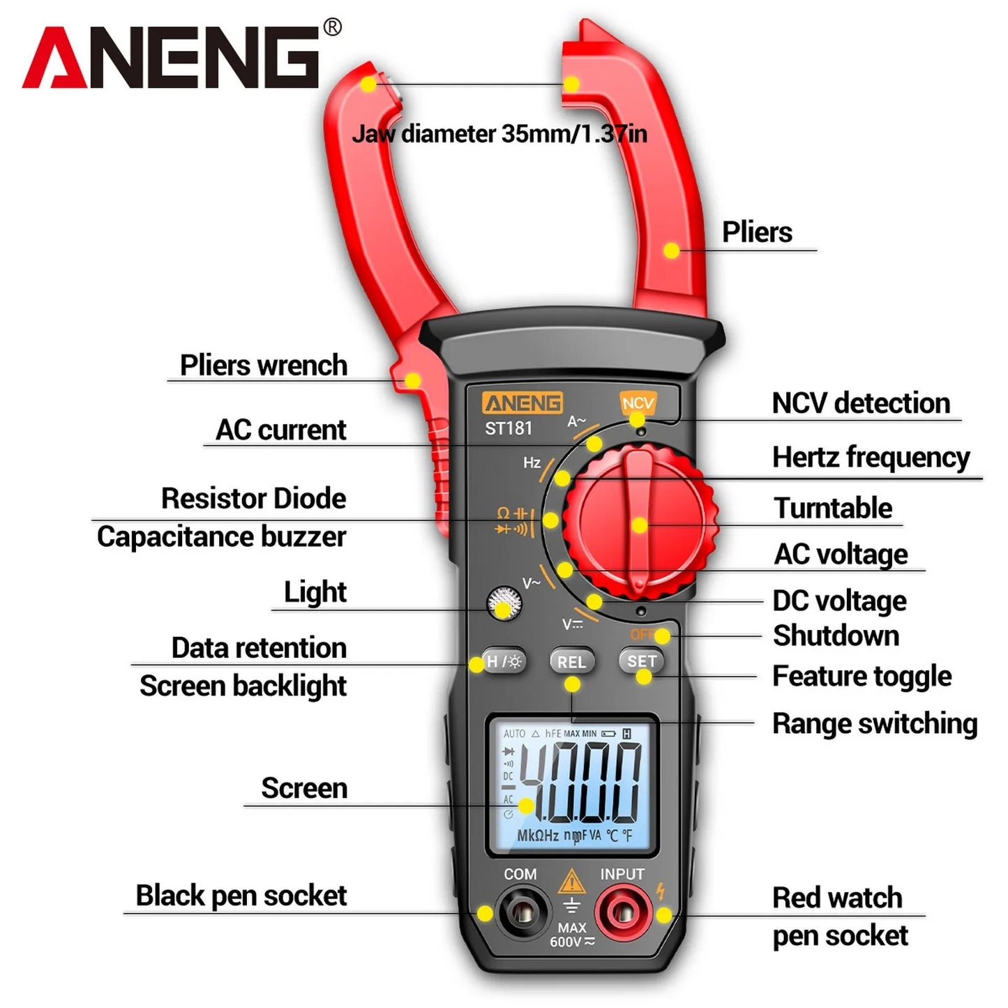 ANENG ST181 Digital Clamp Meter DC/AC Voltage 4000 Counts Multimeter Current Ammeter Tester Car Amp Hz Capacitance NCV Ohm Test Comfort Life