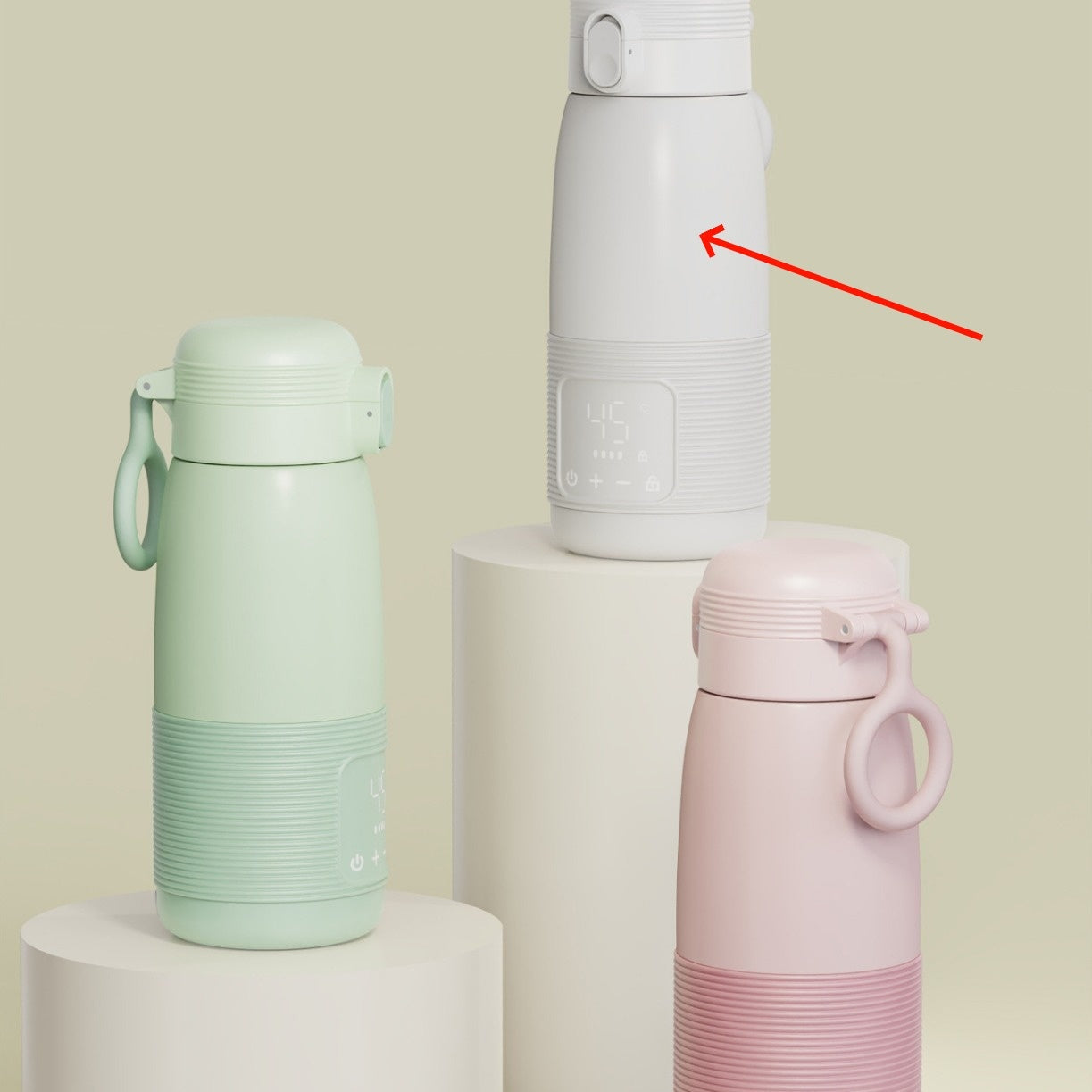 Wireless Portable Modulator Thermal Cup Kettle in pastel colors displayed on a stand.