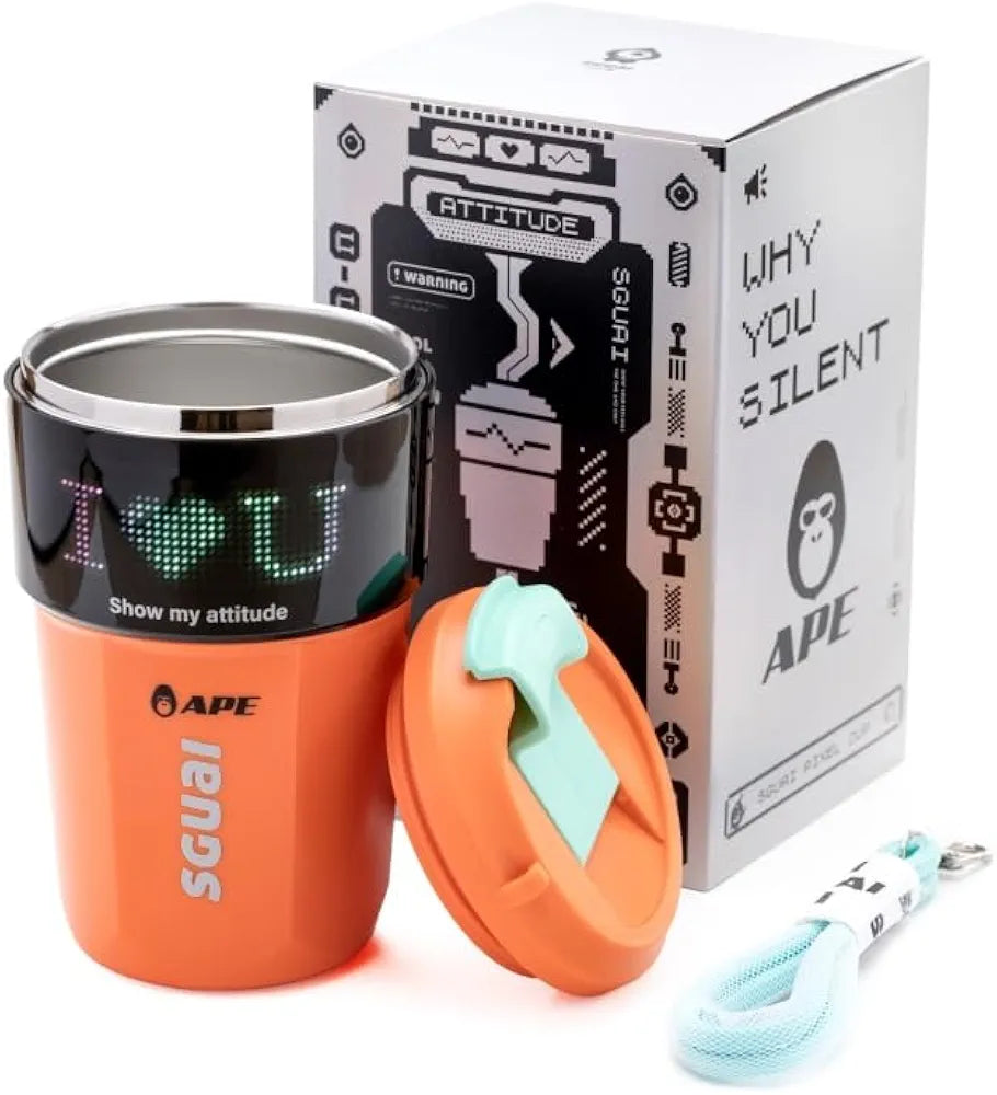 Intelligent portable coffee cup with customizable LED screen, featuring stainless steel construction and wireless charging.