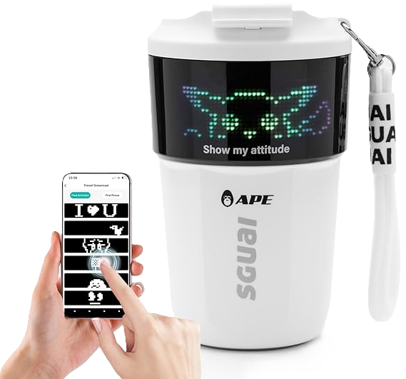 Intelligent coffee cup with customizable LED screen and smartphone control.