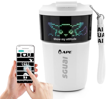 Intelligent coffee cup with customizable LED screen and smartphone control.