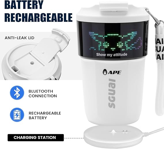 Water Monster Smart Coffee Cup with LED screen, rechargeable battery, Bluetooth connectivity, and anti-leak lid.