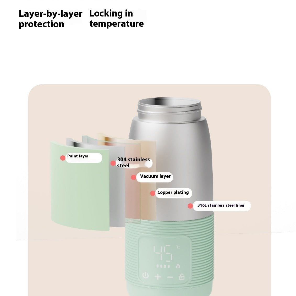 Wireless portable modulator thermal cup kettle with temperature control display, stainless steel layer, and vacuum insulation.