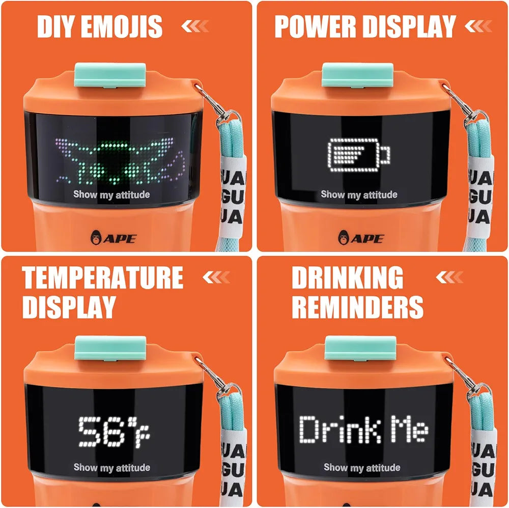 Smart Coffee Cup with LED Display for Emojis, Power, Temperature, and Reminders