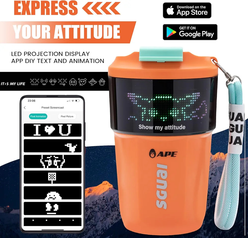 Creative Intelligent Cup with LED screen, customizable messages, stainless steel, wireless charging, perfect temperature control, gift idea.