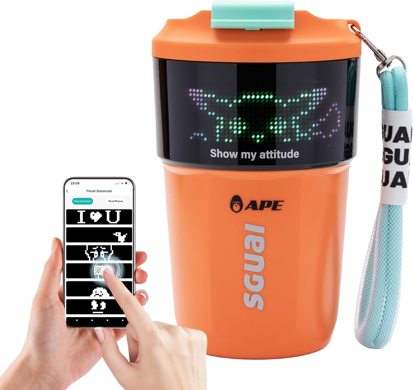 Smart coffee cup with customizable LED screen and wireless charging, perfect for hot or cold drinks.