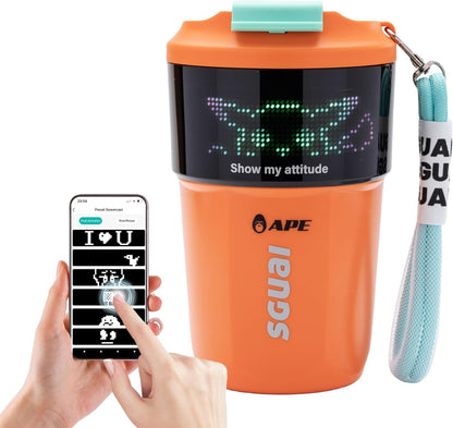 Smart coffee cup with customizable LED screen and wireless charging, perfect for hot or cold drinks.
