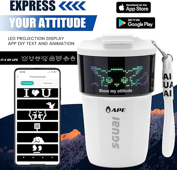 Innovative intelligent cup with customizable LED screen for personal messages, featuring temperature control and wireless charging. Ideal gift idea.