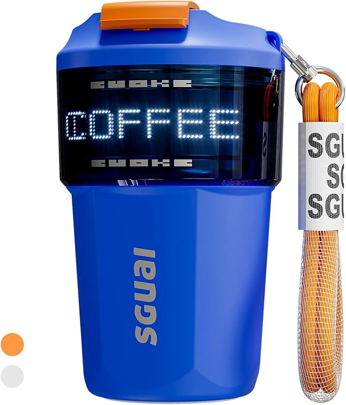 Smart coffee cup with customizable LED screen and heat insulation.