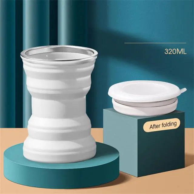 Portable silicone retractable cup with lid, 320ml capacity, folded display, ideal for outdoor adventures.