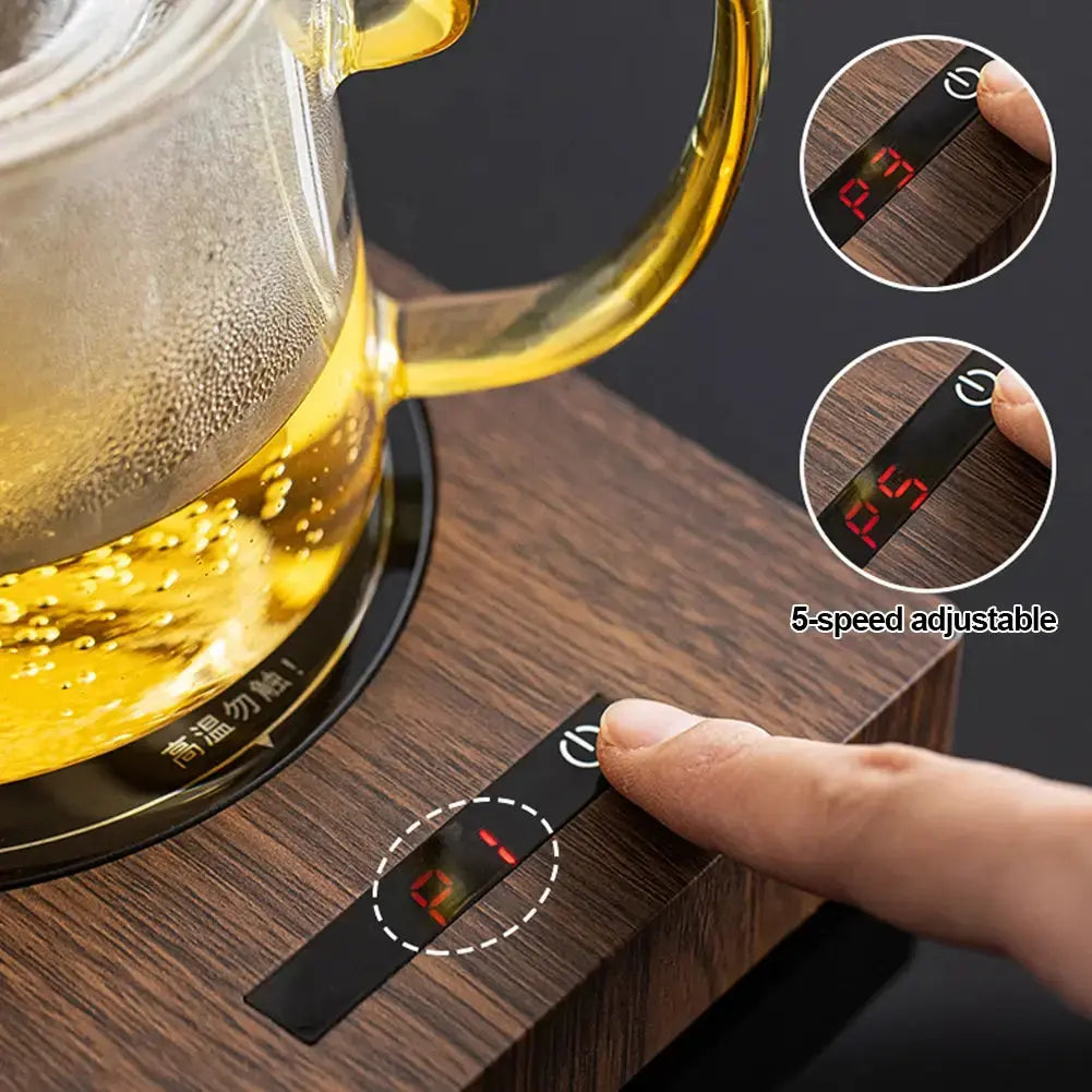 Comfort Life - Cup Warmer with adjustable 5-speed touch control, keeping beverages warm on a wooden surface.