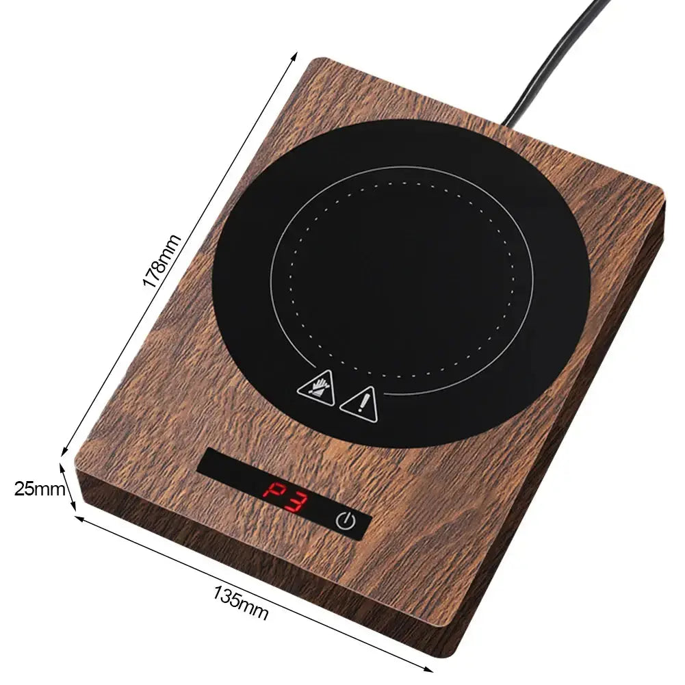 Comfort Life - Cup Warmer, sleek wooden design, efficient heating technology, dimensions: 135mm x 178mm x 25mm.