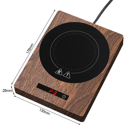 Comfort Life - Cup Warmer, sleek wooden design, efficient heating technology, dimensions: 135mm x 178mm x 25mm.