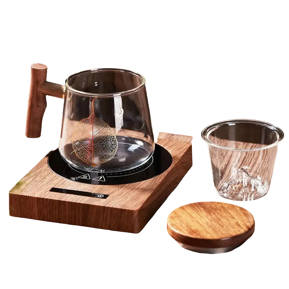 Comfort Life - Cup Warmer with wooden design and glass cup.