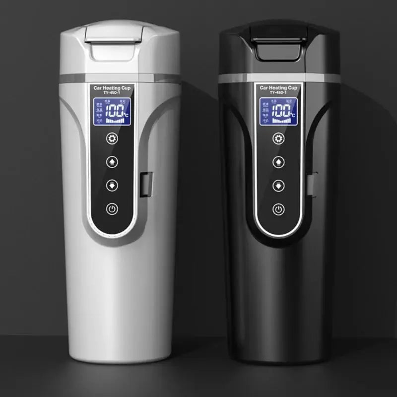 Portable Car Heating Cup in silver and black with digital controls for hot drinks on the go.