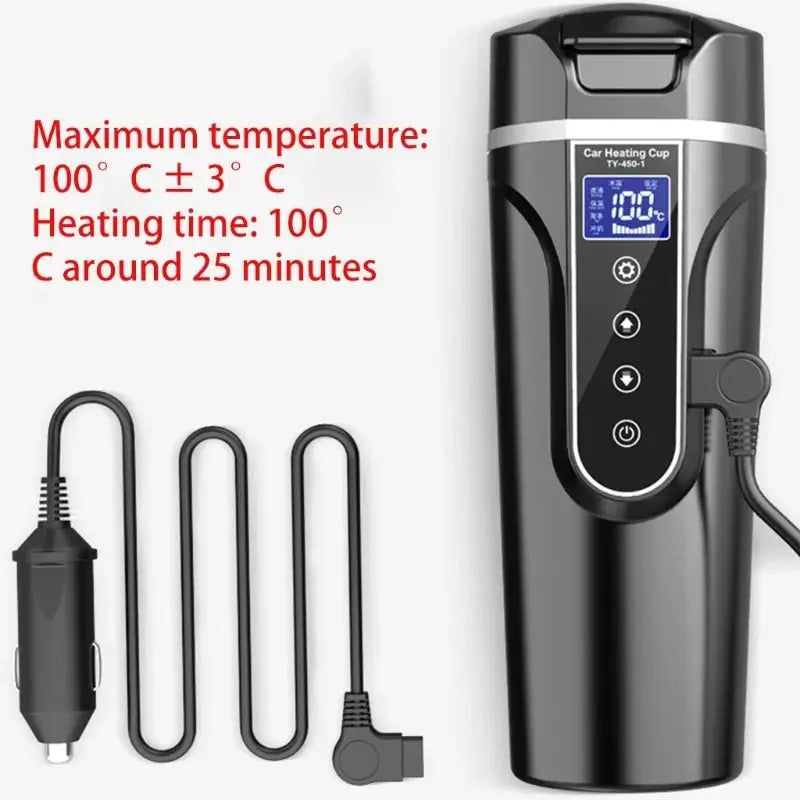 Car heating cup with digital display and car adapter, heats beverages to 100°C in 25 minutes.