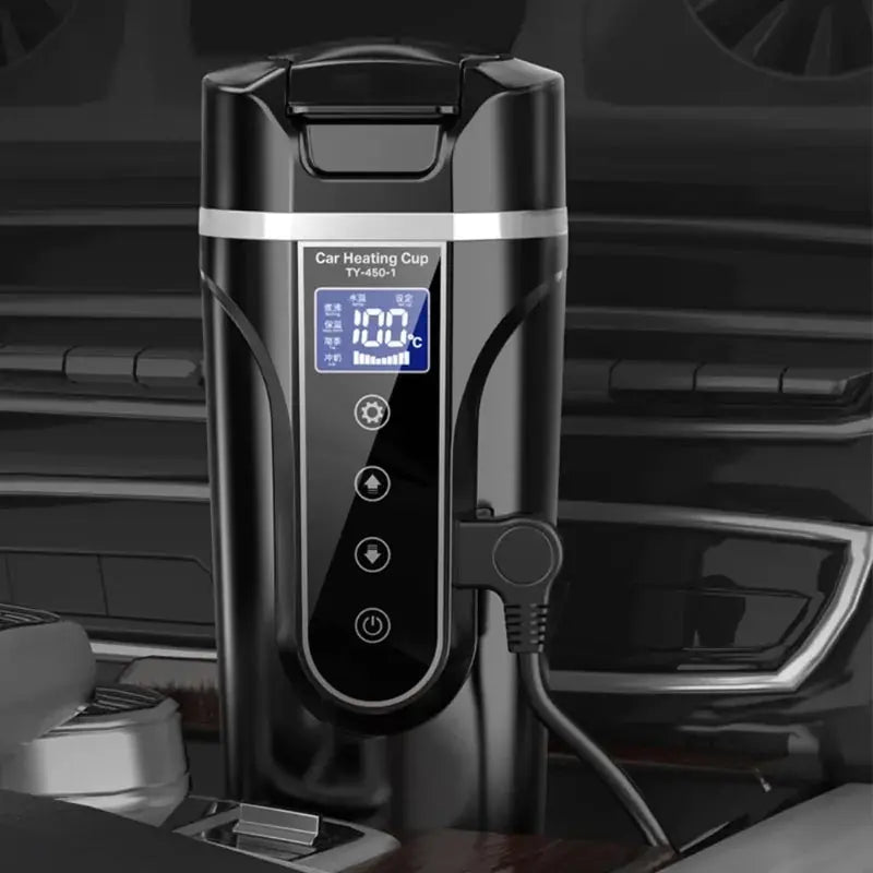 Portable car heating cup with digital display and plug-in feature for hot drinks on the go.