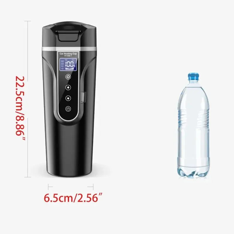 Portable Car Heating Cup next to a water bottle, showing dimensions of 22.5cm height and 6.5cm width.