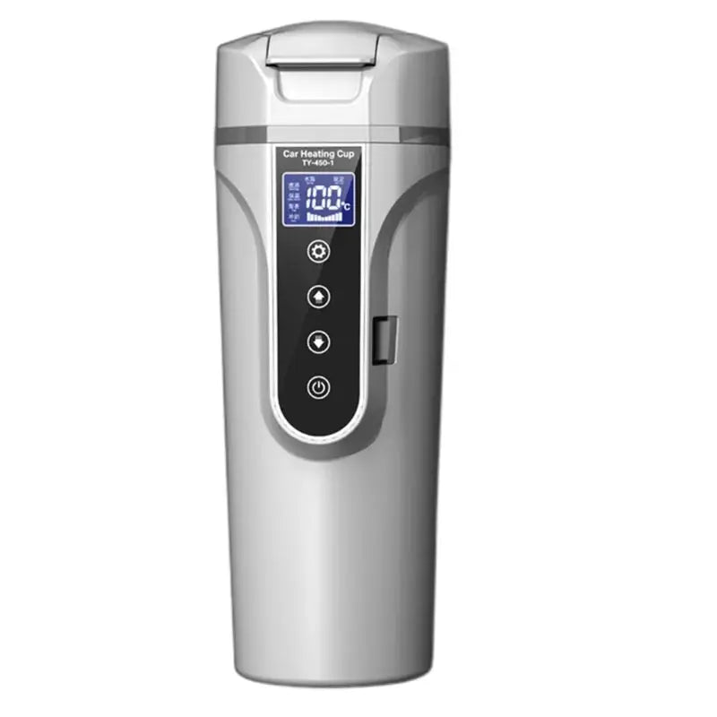 Portable car heating cup with digital display for hot beverages on the go.