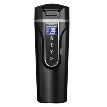 Portable car heating cup for hot beverages on the go, black design, digital display.