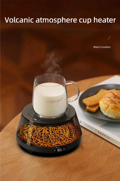 Smart Cup Warmer with volcanic lighting design, keeping milk warm next to pastries on a table.