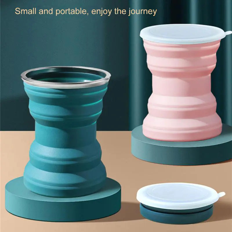 Portable silicone retractable cup with lid, compact design, ideal for travel and outdoor activities.