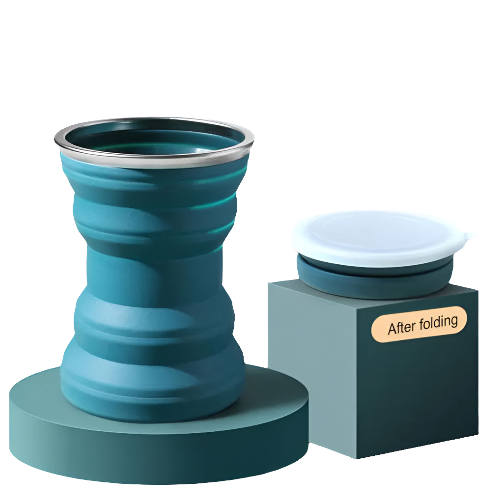 Comfort Life portable silicone retractable cup with lid, convenient travel companion.