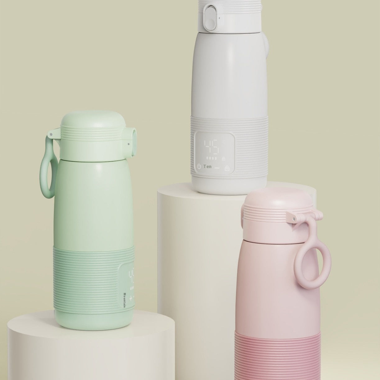 Wireless Portable Modulator Thermal Cup Kettle in pastel colors on display bases.