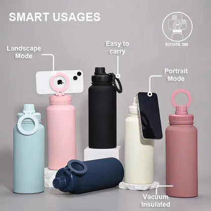 Comfort Life Insulated Water Bottle with built-in phone holder in assorted colors, showcasing multiple smart usages like landscape and portrait modes.