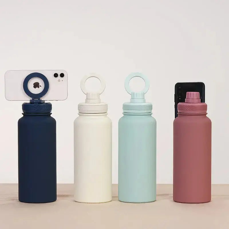 Comfort Life Insulated Water Bottle with phone holder, featuring a durable, eco-friendly design in various colors.