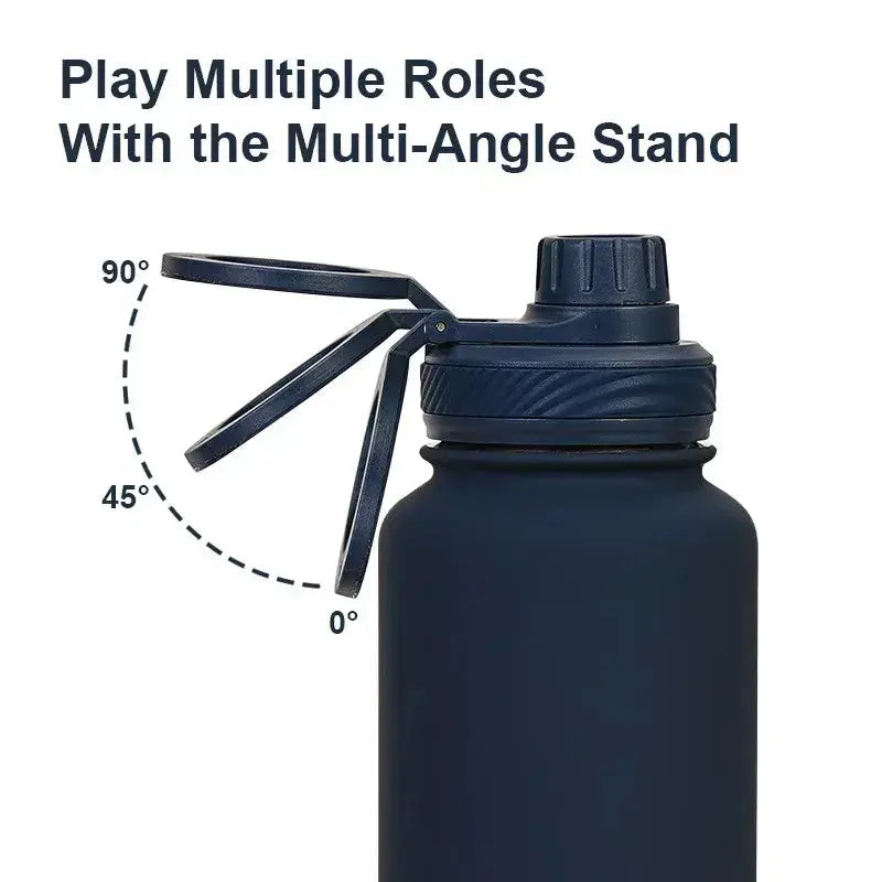 Comfort Life Insulated Water Bottle with multi-angle phone holder feature.