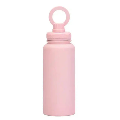 Pink insulated water bottle with a phone holder.