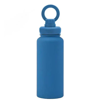 Blue Comfort Life Insulated Water Bottle with phone holder, eco-friendly stainless steel design.