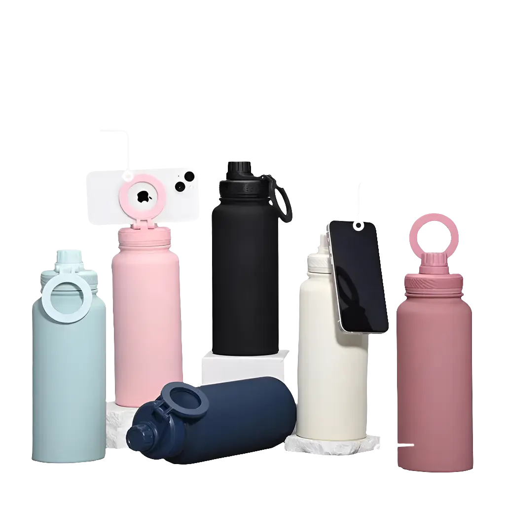 Comfort Life Insulated Water Bottle with built-in phone holder in various colors.