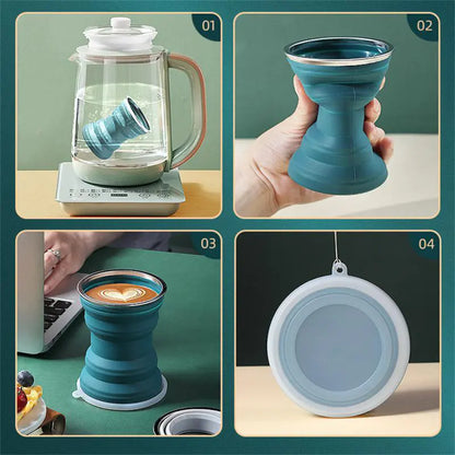 Portable silicone retractable cup with lid, ideal for outdoor adventures and travel, collapsible design, 320ml capacity.