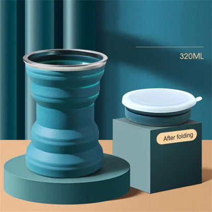 Portable Silicone Retractable Cup with Lid, shown extended and folded, 320ml capacity for outdoor adventures.